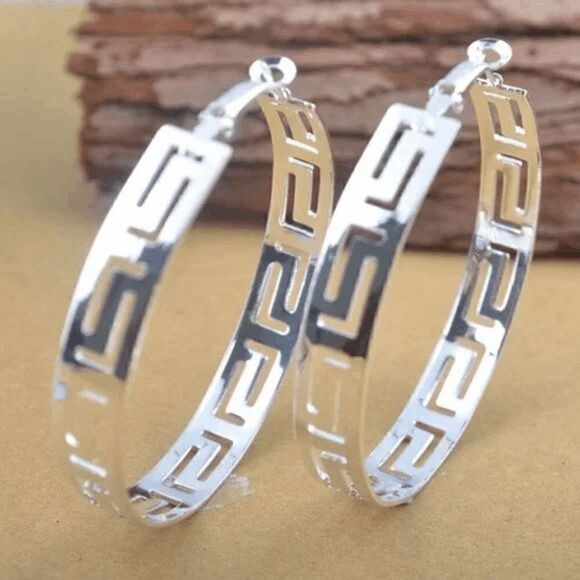 Silver Greek Cutout Hoop Earrings - Picture 1 of 5